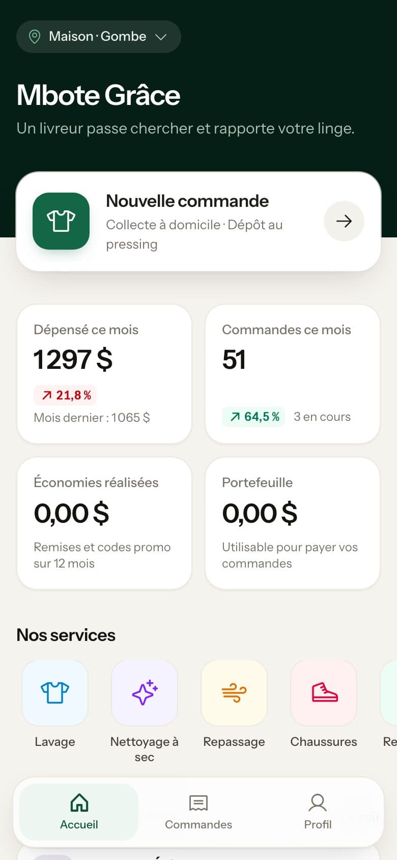 Accueil de l'application Klinpressing